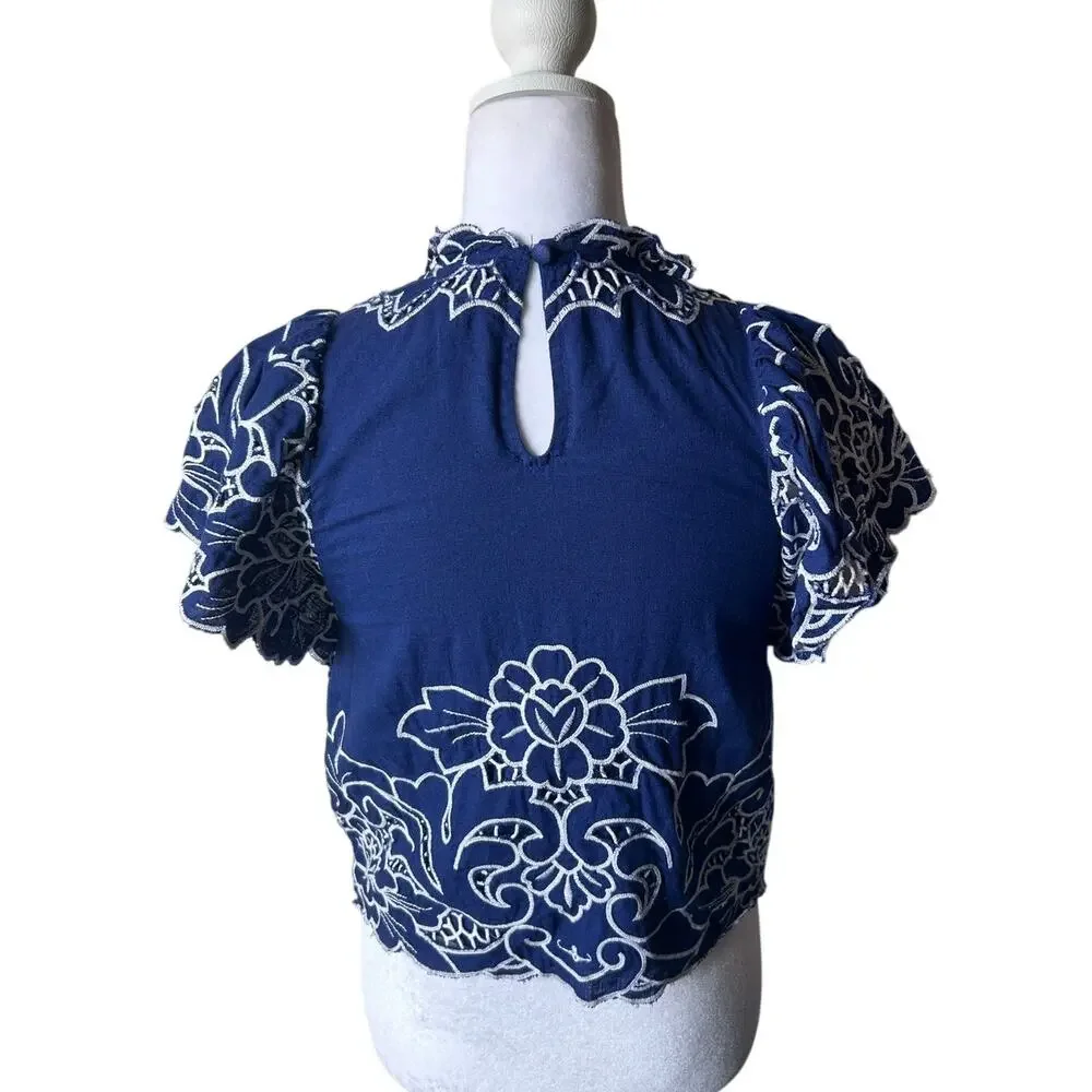 The Lainie High-neck Lace Cutwork Blouse Blue by Anthropologie XXS Linen Blend